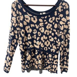 Anthropologie MOTH Leopard Print Peplum‎ Sweater Navy Beige Long Sleeve M Preppy